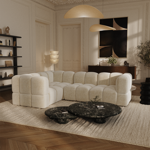 Canapé d'angle gauche modulable 5-6 places NUBI velours texturé crème