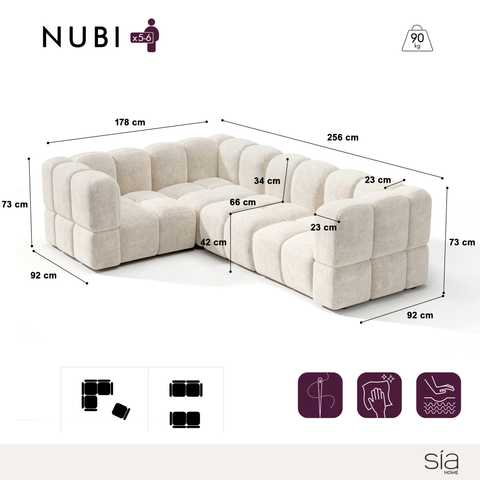 Canapé d'angle gauche modulable 5-6 places NUBI velours texturé crème