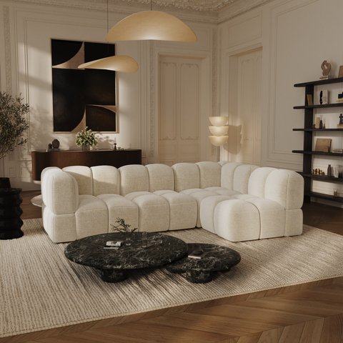 Canapé d'angle droit modulable 5-6 places NUBI velours texturé crème