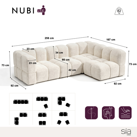 Canapé d'angle droit modulable 5-6 places NUBI velours texturé crème