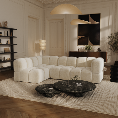 Canapé d'angle gauche modulable 5-6 places NUBI velours texturé crème
