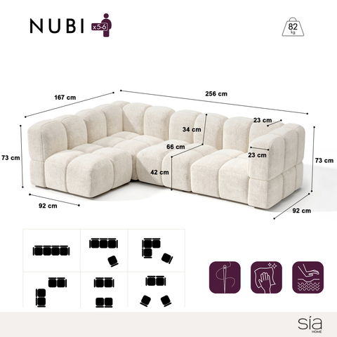 Canapé d'angle gauche modulable 5-6 places NUBI velours texturé crème