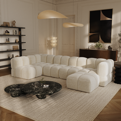 Canapé grand angle modulable 8 places NUBI velours texturé crème