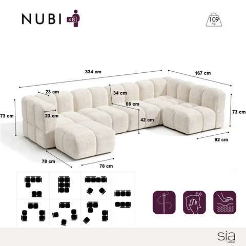Canapé grand angle modulable 8 places NUBI velours texturé crème