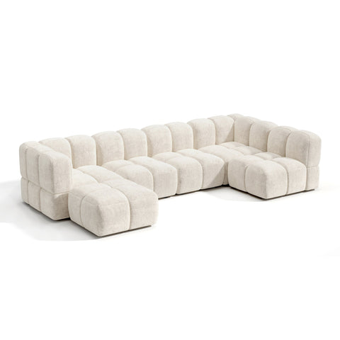 Canapé grand angle modulable 8 places NUBI velours texturé crème