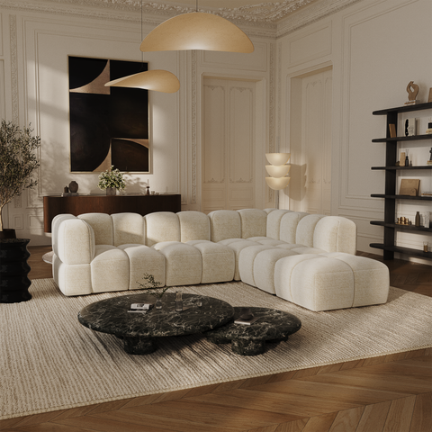 Canapé grand angle droit modulable 7 places NUBI velours texturé crème