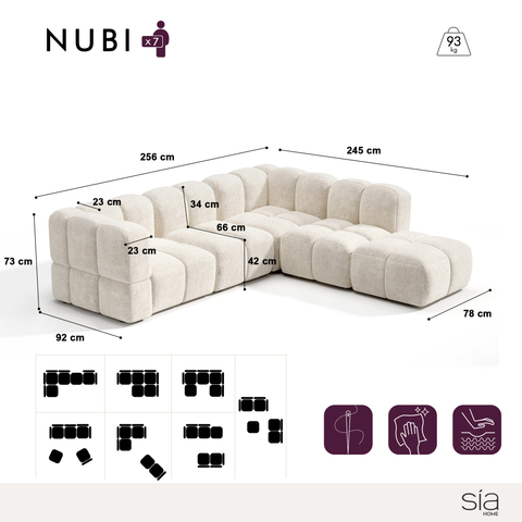 Canapé grand angle droit modulable 7 places NUBI velours texturé crème