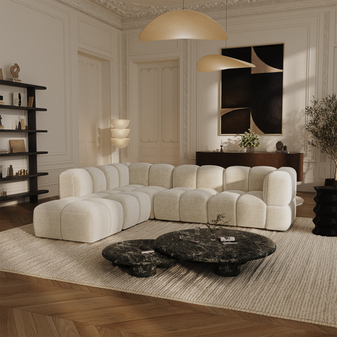Canapé grand angle gauche modulable 7 places NUBI velours texturé crème