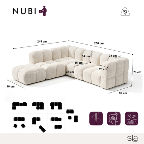 Canapé grand angle gauche modulable 7 places NUBI velours texturé crème