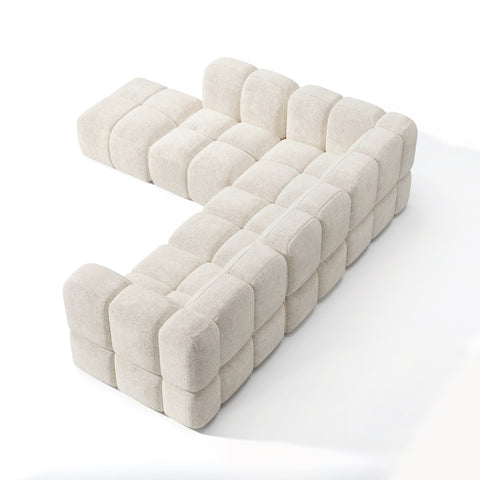 Canapé grand angle gauche modulable 7 places NUBI velours texturé crème