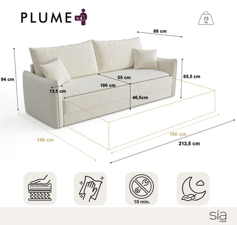 Canapé convertible 4 places PLUME tissu tramé