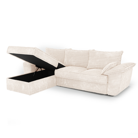 Canapé d'angle gauche convertible SASHA velours côtelé XXL - Avec coffre de rangement