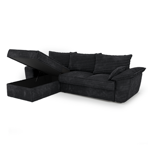 Canapé d'angle gauche convertible SASHA velours côtelé XXL - Avec coffre de rangement