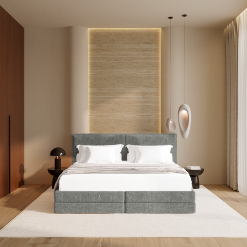 Ensemble de lit matelas premium 180cm et lit boxspring  LUNE velours gaufré