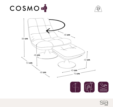 Ensemble fauteuil pivotant et repose-pieds COSMO velours chenillé
