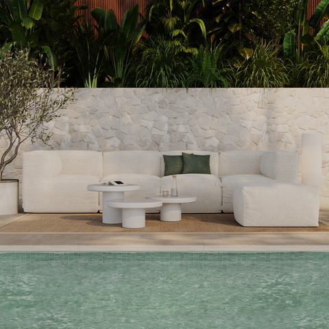 Canapé d'extérieur modulable 4 pièces et pouf BAIA tissu bouclette beige chiné