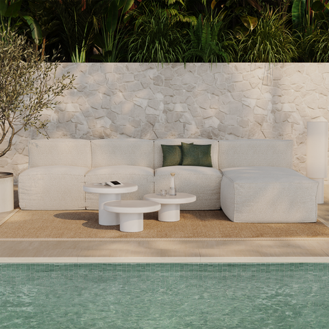 Canapé d'extérieur modulable avec méridienne 4 pièces BAIA tissu bouclette beige chiné