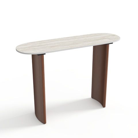 Console VERO céramique aspect travertin et pieds noyer 110cm