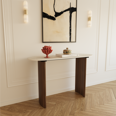 Console VERO céramique aspect travertin et pieds noyer 110cm