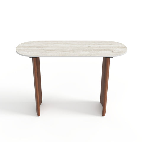 Console VERO céramique aspect travertin et pieds noyer 110cm