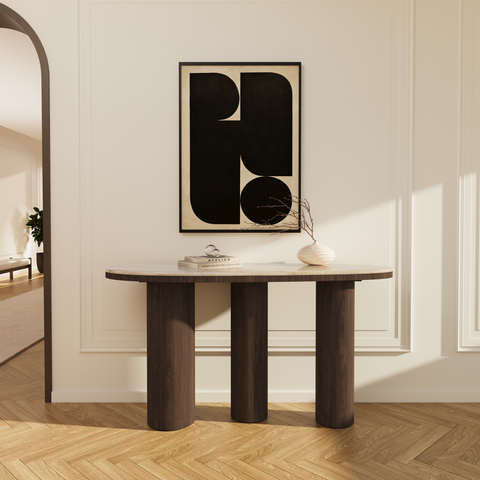 Console SCALA marbre beige naturel et bois noyer foncé 120cm