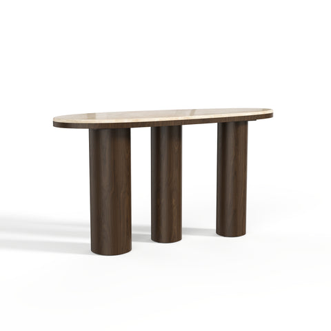 Console SCALA marbre beige naturel et bois noyer foncé 120cm