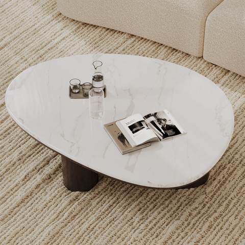 Table basse MODENA marbre blanc naturel et bois noyer foncé 120cm