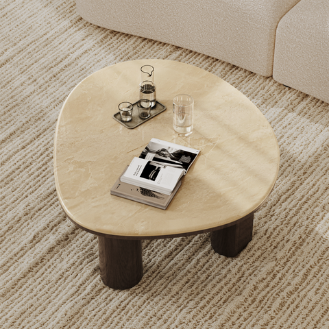 Table basse MODENA en marbre naturel et bois noyer foncé 79cm