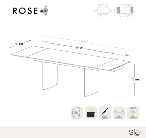 Table à manger extensible ROSE céramique et pieds dorés 180cm