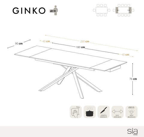 Table à manger extensible GINKO pieds dorés 180cm