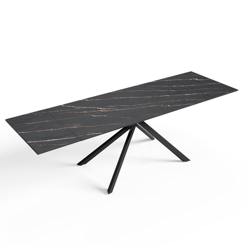 Table à manger extensible GINKO céramique effet marbre noir et pieds noirs 180cm
