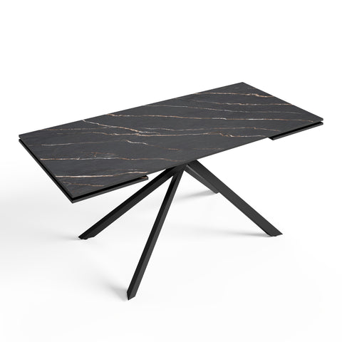 Table à manger extensible GINKO céramique effet marbre noir et pieds noirs 180cm