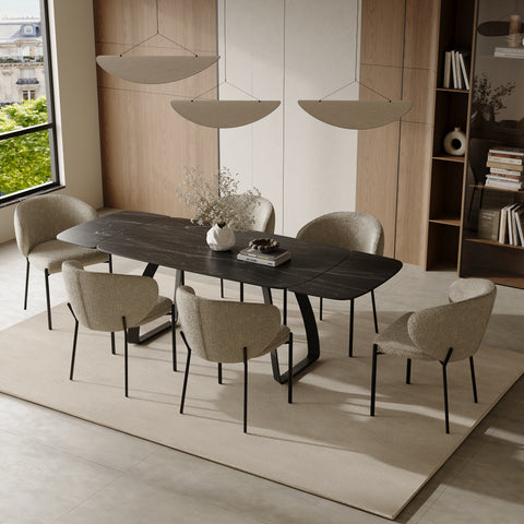 Table à manger extensible DAHLIA céramique effet marbre noir et pieds noirs 180cm