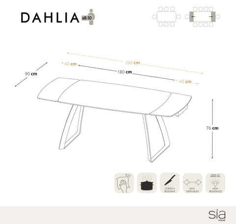 Table à manger extensible DAHLIA céramique effet marbre noir et pieds noirs 180cm