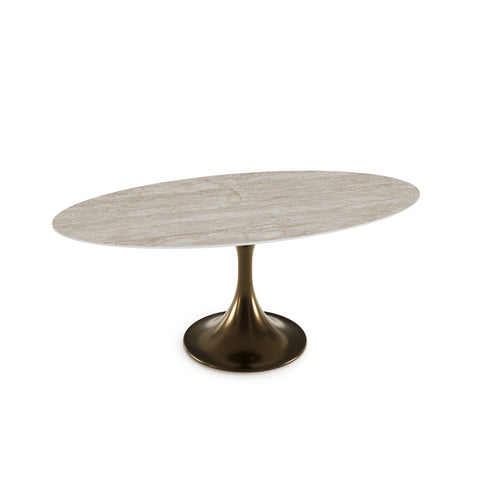 Table à manger NYMPHÉA Aspect travertin pied bronze 160cm